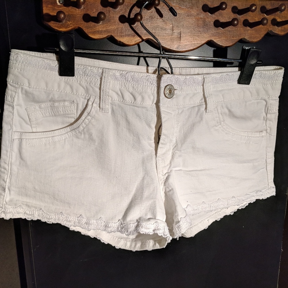 White Denim Shorts with Lace Trim